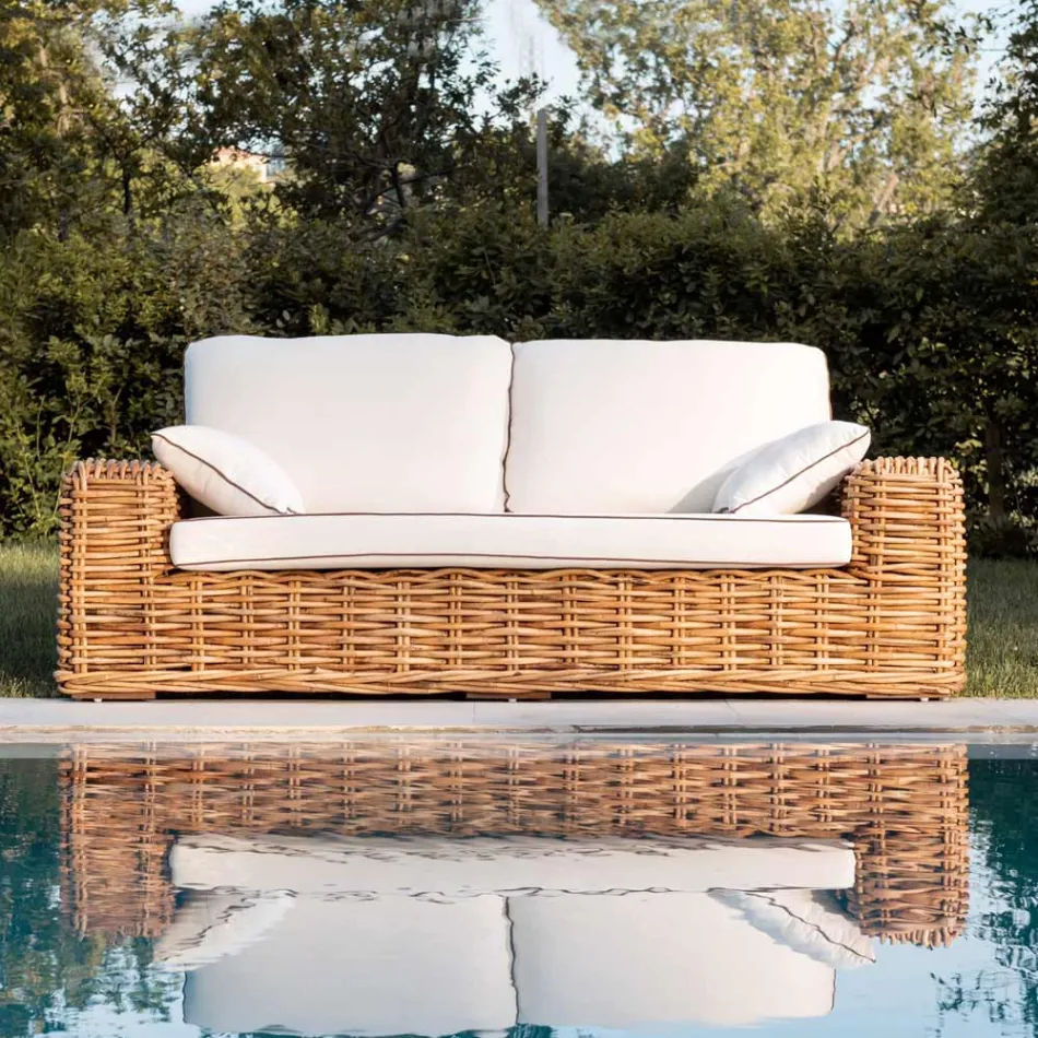 Outdoor Lounge in Natural Rattan, Cushions Included, – Keira Viadurini