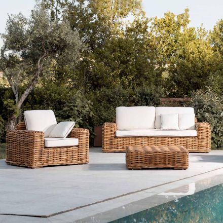 Outdoor Lounge in Natural Rattan, Cushions Included, – Keira Viadurini