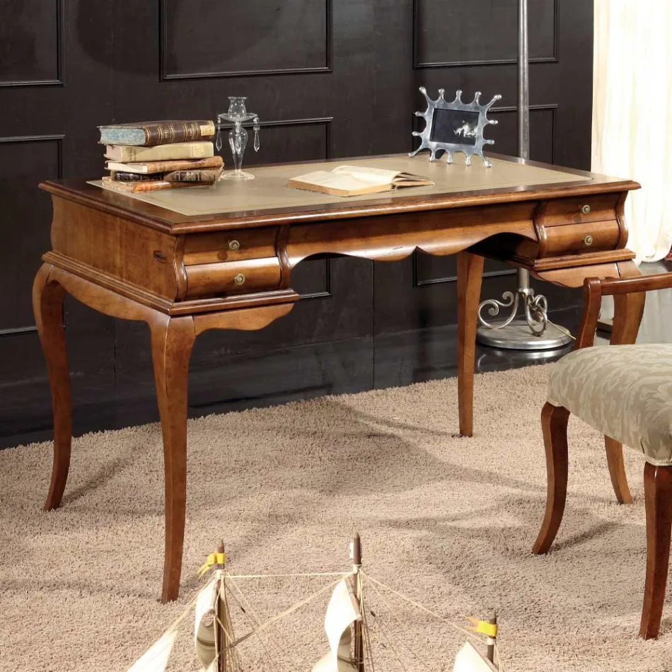 Desk with 5 Drawers Walnut Wood and Ecoleather Made in Italy - Hastings Viadurini