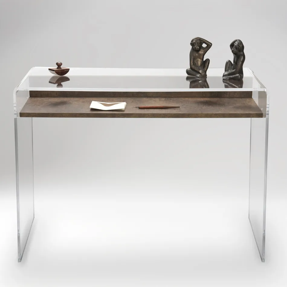 Transparent Plexiglass Desk with Design Wood Shelf - Carducci Viadurini