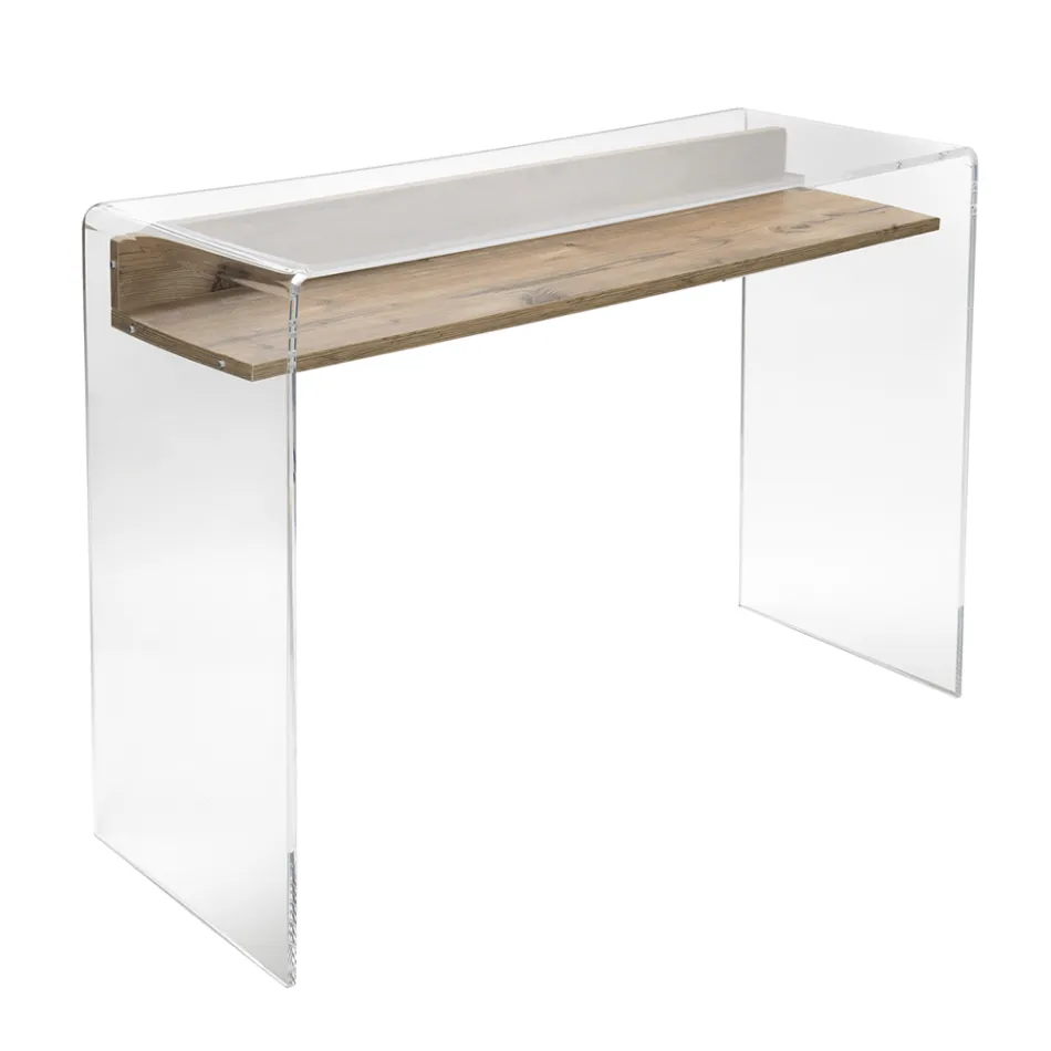 Transparent Plexiglass Desk with Design Wood Shelf - Carducci Viadurini