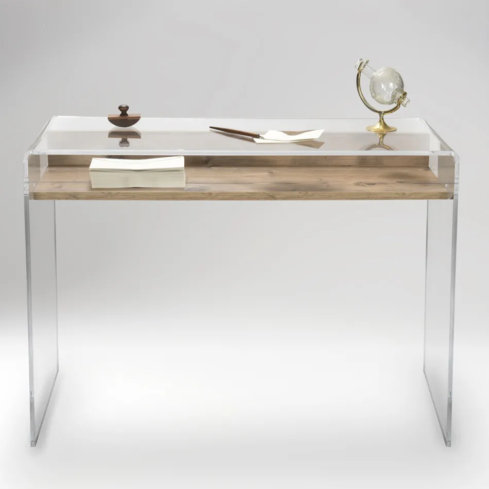 Transparent Plexiglass Desk with Design Wood Shelf - Carducci Viadurini