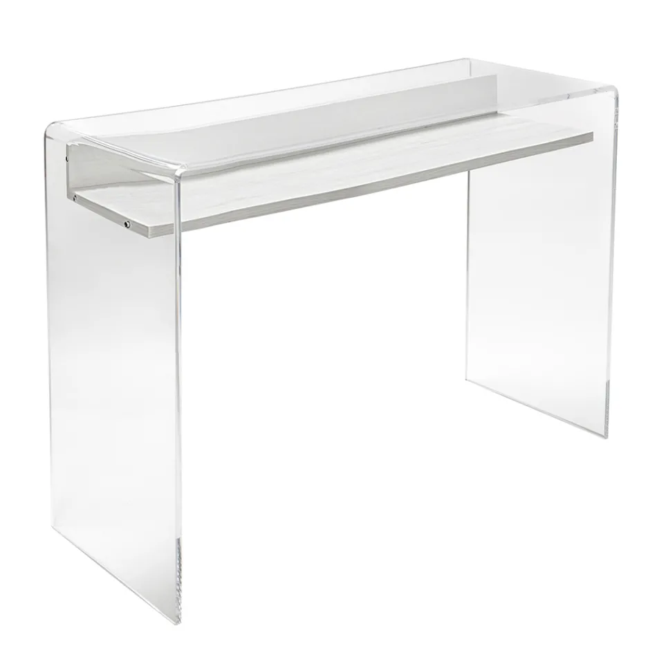 Transparent Plexiglass Desk with Design Wood Shelf - Carducci Viadurini