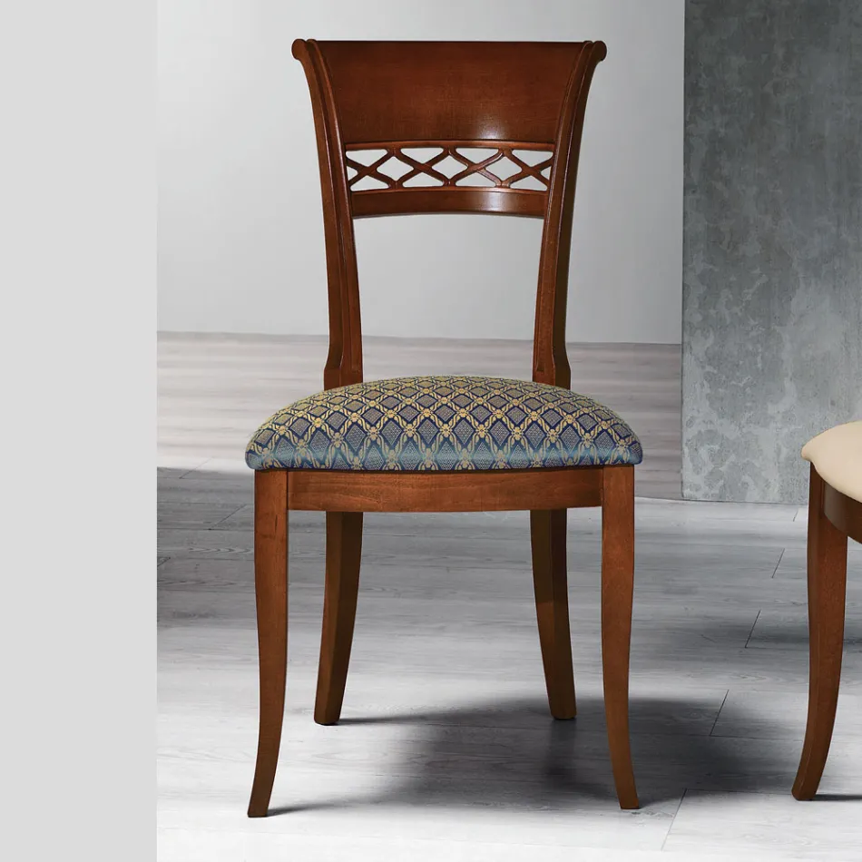 Classic Chair in Beech Wood with Decorated Back and Fabric - Milissa Viadurini