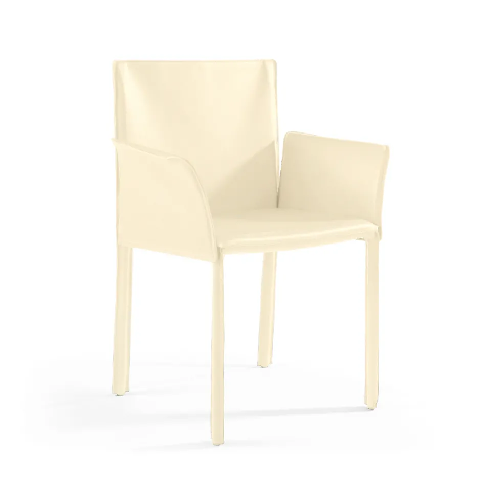 Chair with Armrests Upholstered in Ivory Leather Made in Italy - Shell Viadurini