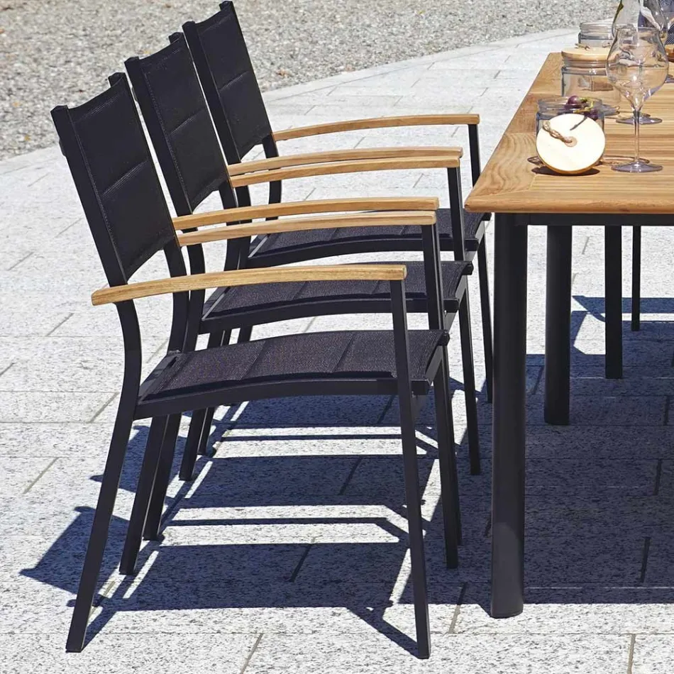 Stackable Garden Chair in Anthracite Grey Aluminium and Teak - Aidan Viadurini
