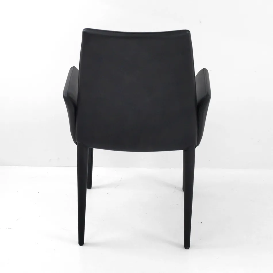 Dining Chair with Armrests Upholstered in Black Leather Made in Italy - Meyer Viadurini