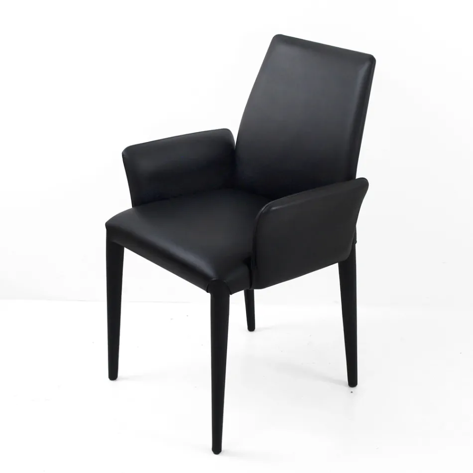 Dining Chair with Armrests Upholstered in Black Leather Made in Italy - Meyer Viadurini