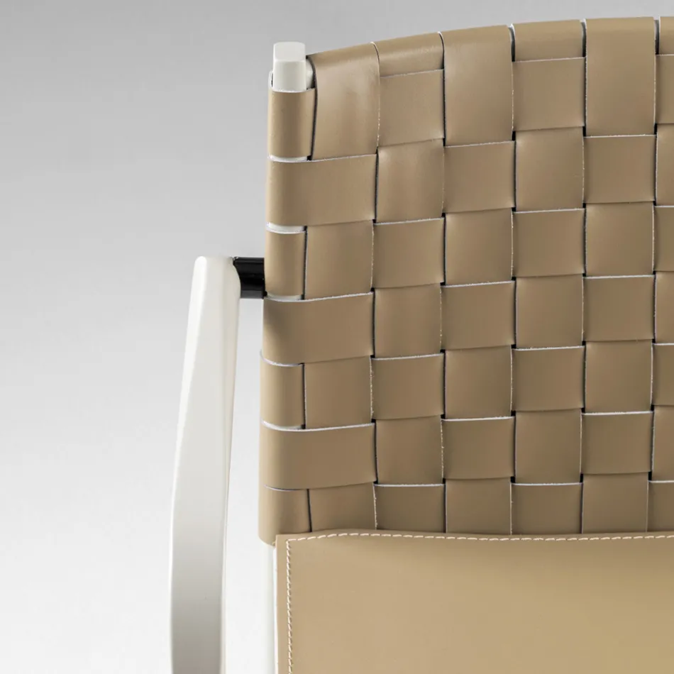 Luxury Chair in Beige Lacquered Beech and Woven Leather Made in Italy - Nora Viadurini