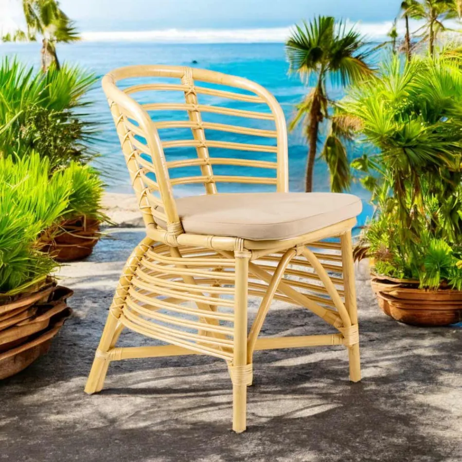 Chair for the Garden in Natural Rattan with Cushion Included - Torvi Viadurini