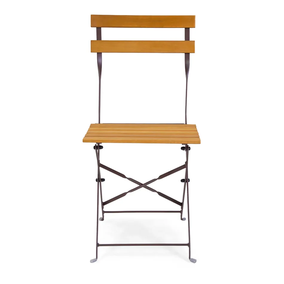 Folding Metal Chair with Acacia Wood Seat and Backrest - Estate Viadurini