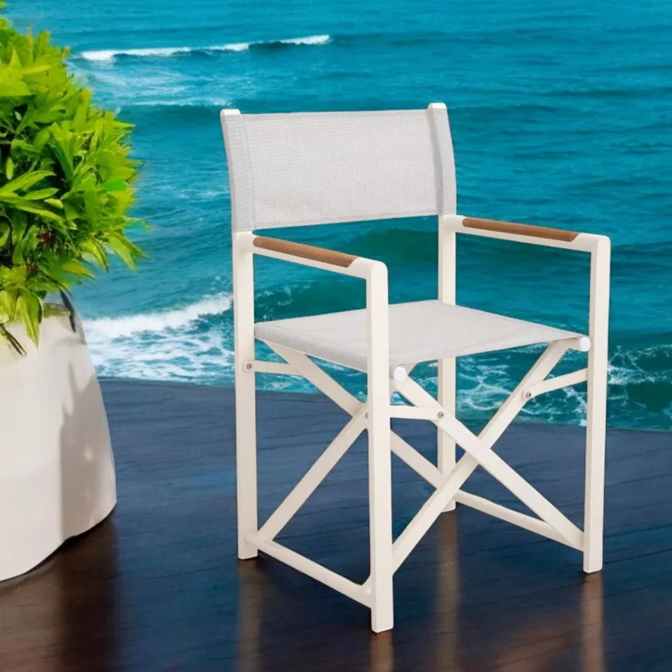 Outdoor Director Chair Made of Aluminium, Textilene and Teak - Bloom Viadurini
