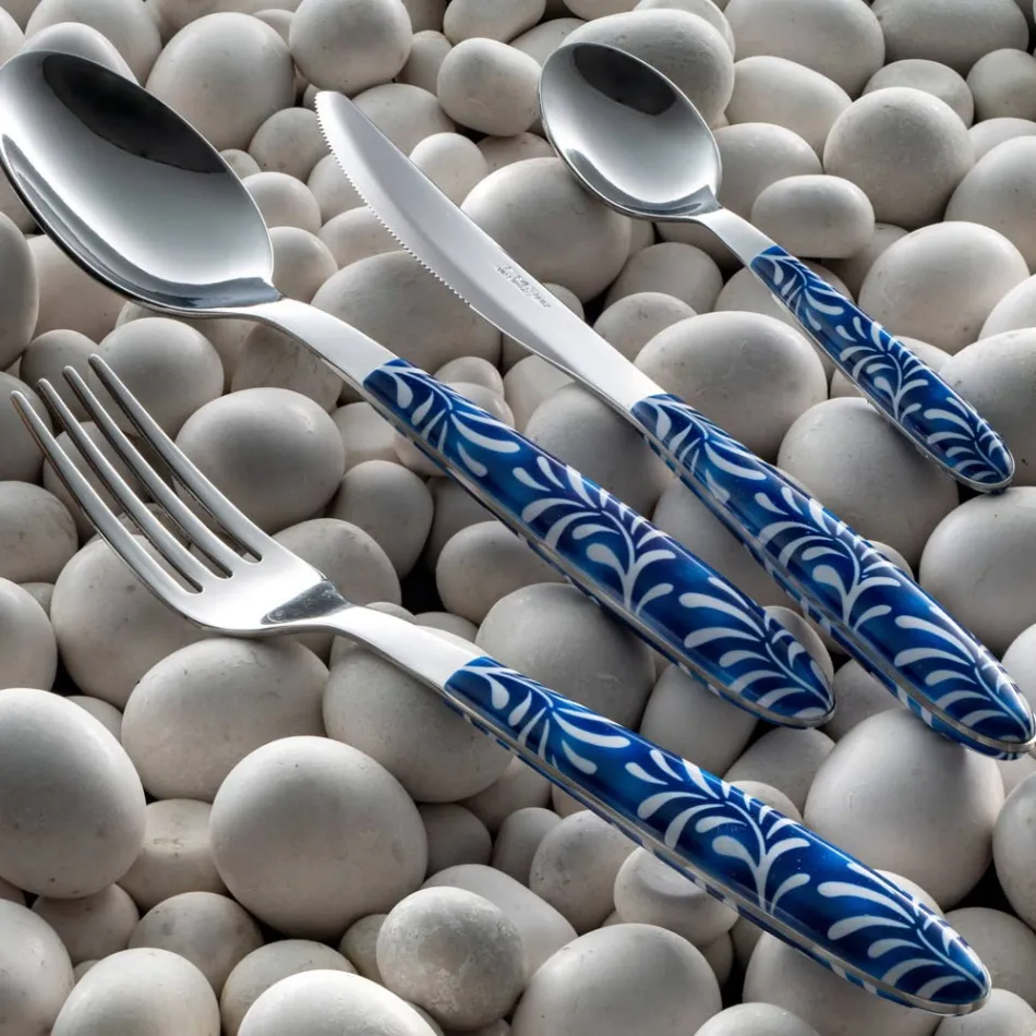 Steel and Plastic Cutlery Set Blue or White Decoration 24 Pcs - Alessandra Viadurini