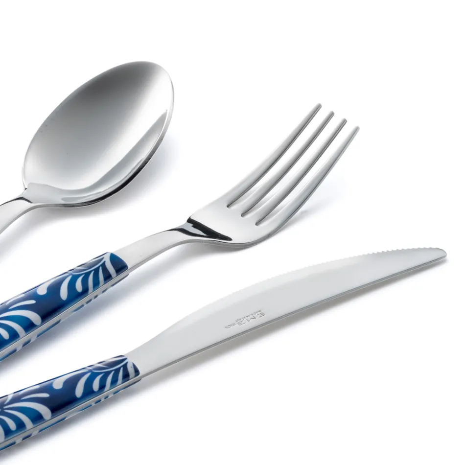 Steel and Plastic Cutlery Set Blue or White Decoration 24 Pcs - Alessandra Viadurini