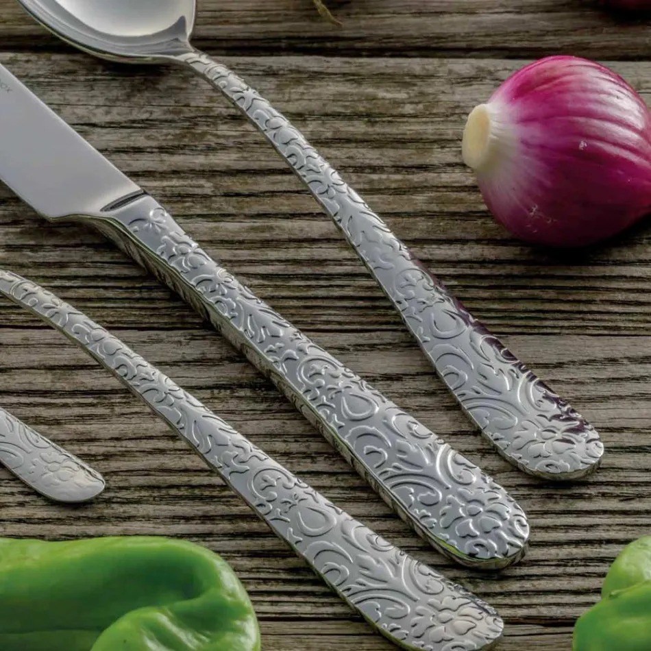 Set of 24 cutlery in polished steel with engraving Made in Italy - Nara Viadurini