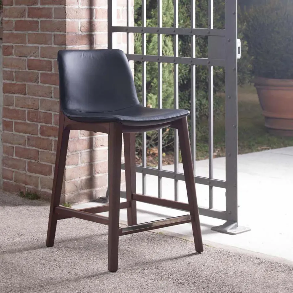 Fixed Design Kitchen Stool in Leather and Wood Made in Italy - Rocco Viadurini