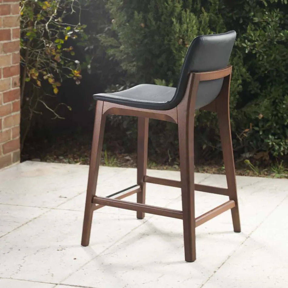 Fixed Design Kitchen Stool in Leather and Wood Made in Italy - Rocco Viadurini