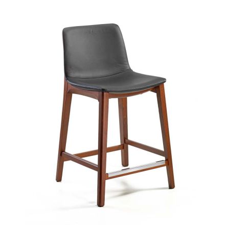 Fixed Design Kitchen Stool in Leather and Wood Made in Italy - Rocco Viadurini