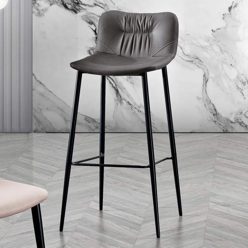 Stool in Leather Effect Fibre Fabric and Metal Made in Italy - Gohan Viadurini