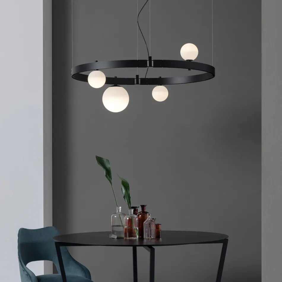 Oval Design Suspension in Black Aluminium with Spheres and Spotlights - Exodus Viadurini