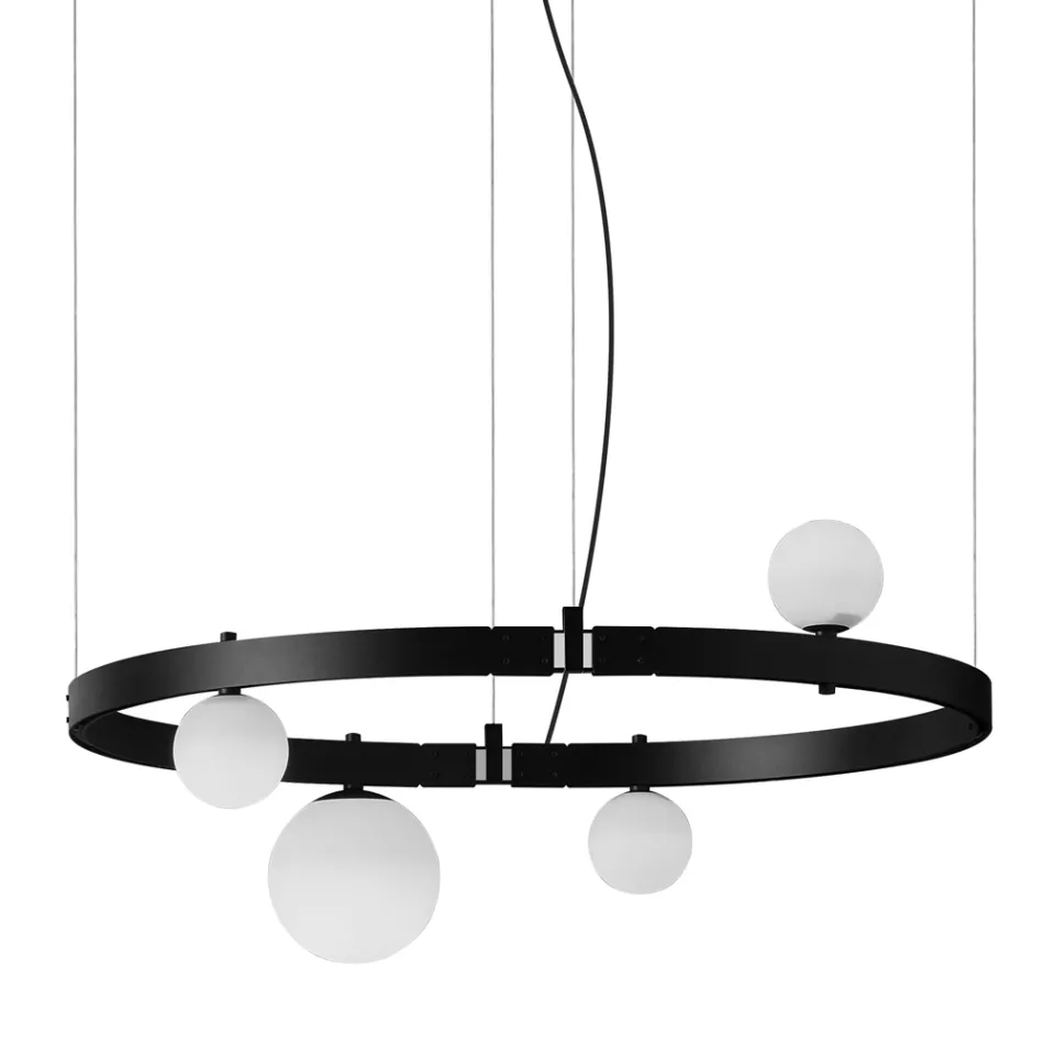 Oval Design Suspension in Black Aluminium with Spheres and Spotlights - Exodus Viadurini