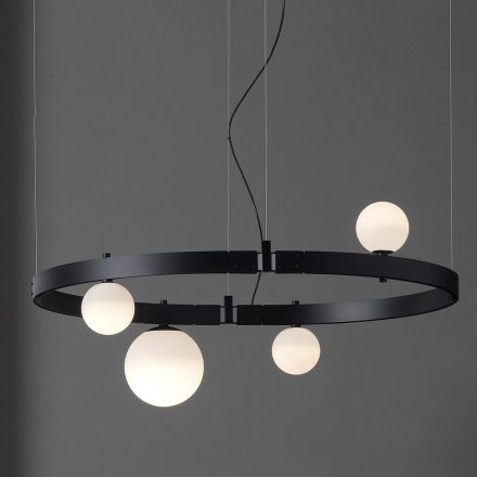 Oval Design Suspension in Black Aluminium with Spheres and Spotlights - Exodus Viadurini