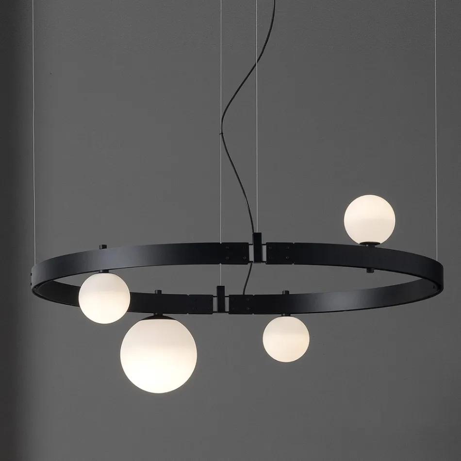 Oval Design Suspension in Black Aluminium with Spheres and Spotlights - Exodus Viadurini