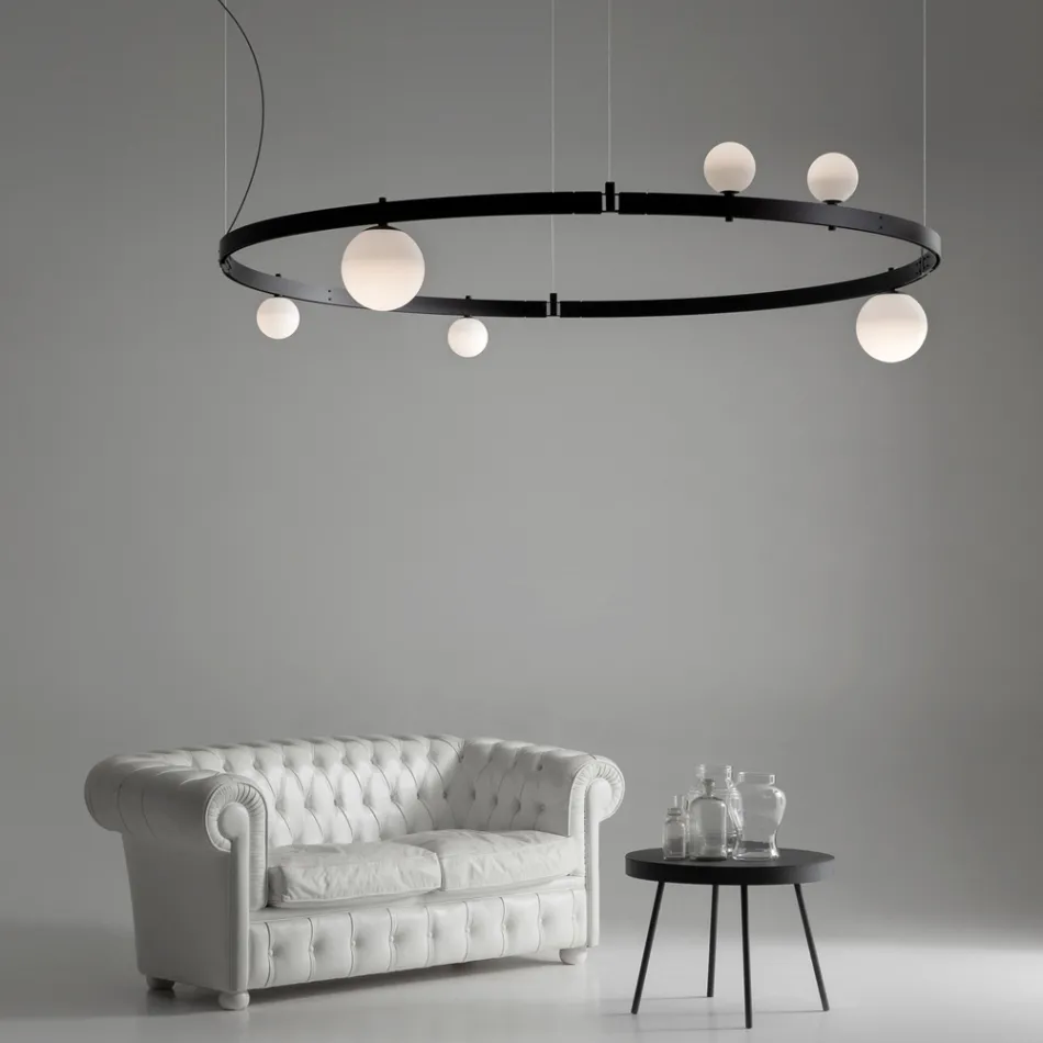 Round Design Suspension in Black Aluminium with Spheres and Spotlights - Exodus Viadurini