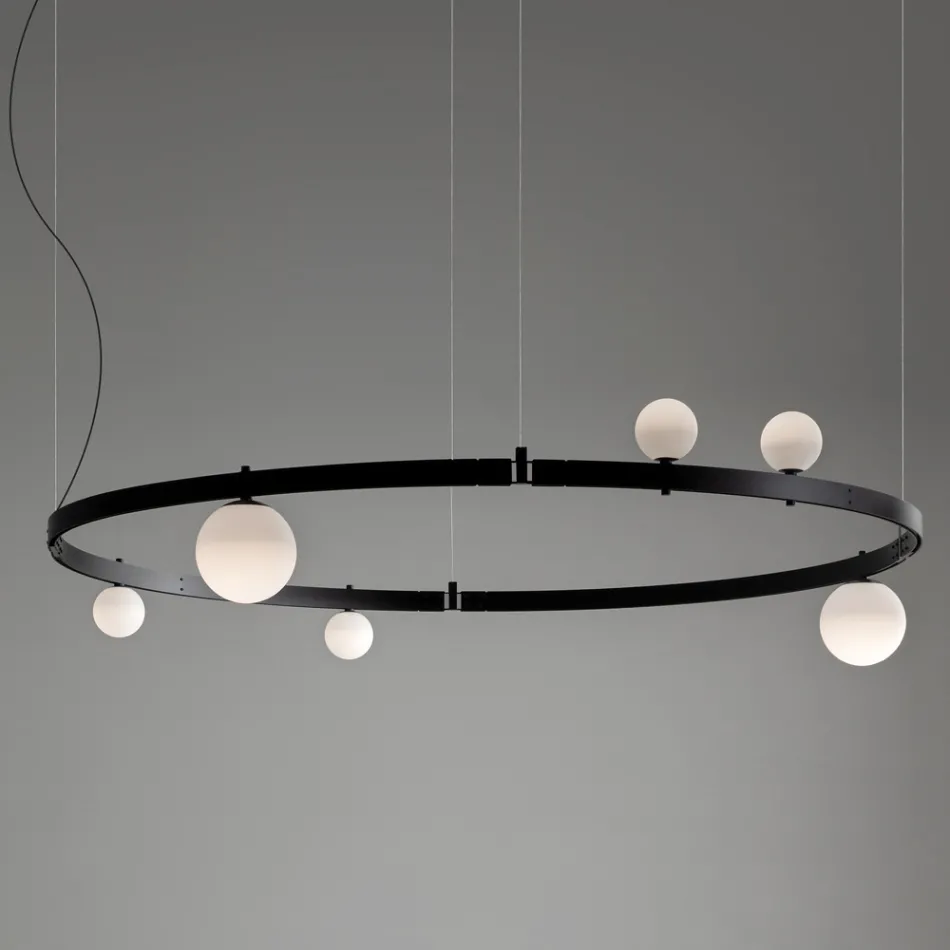 Round Design Suspension in Black Aluminium with Spheres and Spotlights - Exodus Viadurini