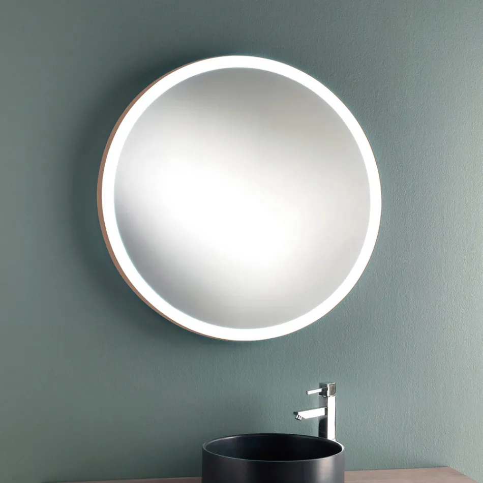Round Wall Bathroom Mirror with Copper Metal Frame and LED Light - Minolo Viadurini