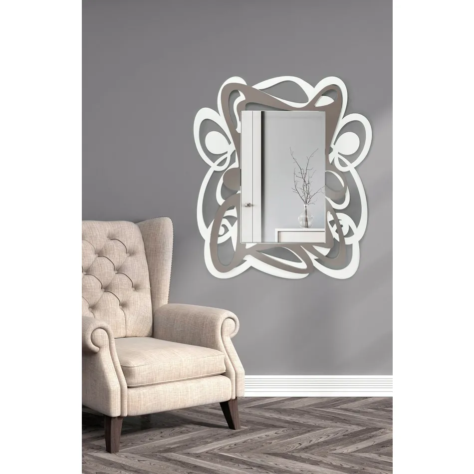 Large Modern Design Decorative Wall Mirror in White and Cocoa - Bocchio Viadurini