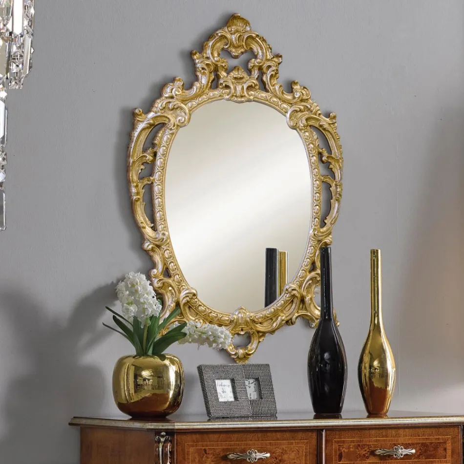 Classic Oval Mirror in Gold and Silver Leaf Wood Made in Italy - Vanessa Viadurini