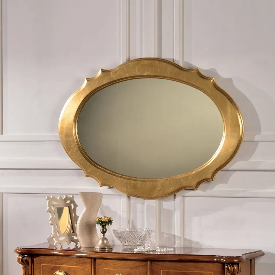 Oval Mirror with Gold Leaf Wood Frame Made in Italy - Florence Viadurini