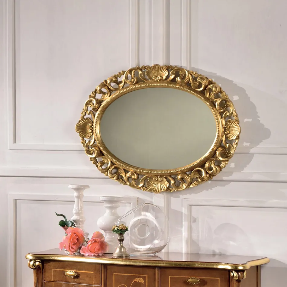Oval Mirror with Gold Leaf Perforated Wood Frame Made in Italy - Florence Viadurini