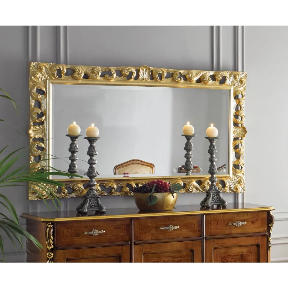Classic Rectangular Gold Leaf Wood Mirror Made in Italy - Denver Viadurini