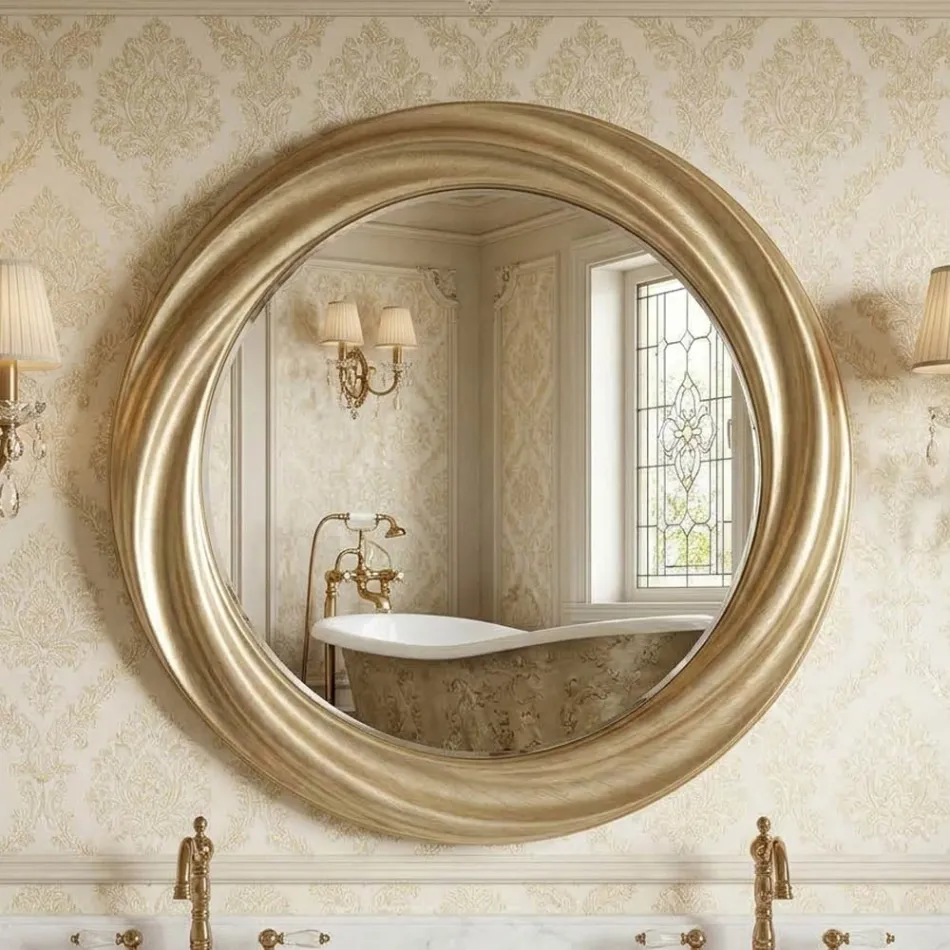 Round Mirror with Luxury Gold Wood Frame Made in Italy - Adelin Viadurini
