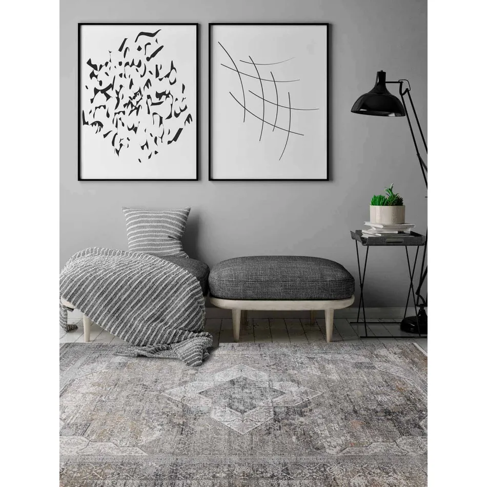 Designer Rug in Viscose and Acrylic Grey Beige with Design - President Viadurini