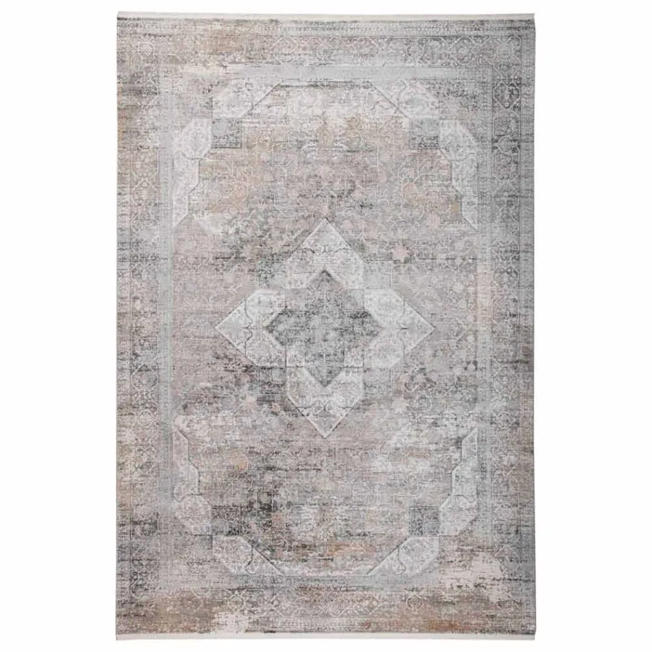 Designer Rug in Viscose and Acrylic Grey Beige with Design - President Viadurini