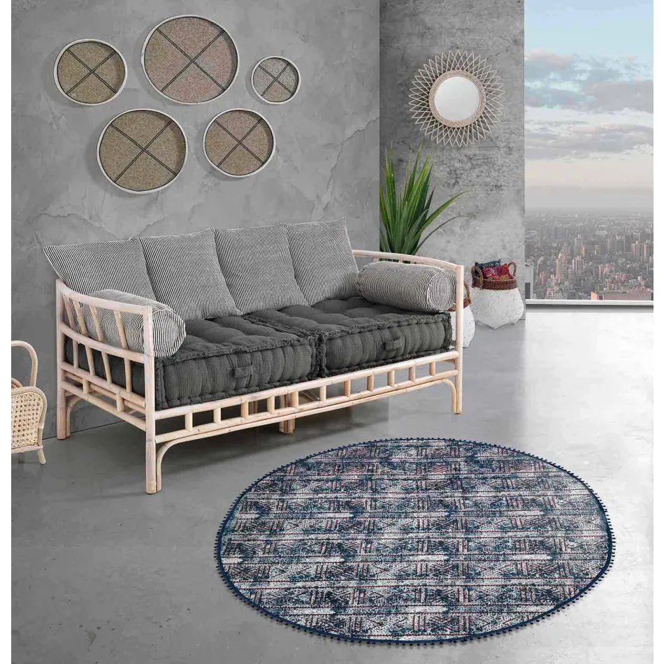Round Ethnic Rug in Colored Cotton Fabric - Fibre Viadurini