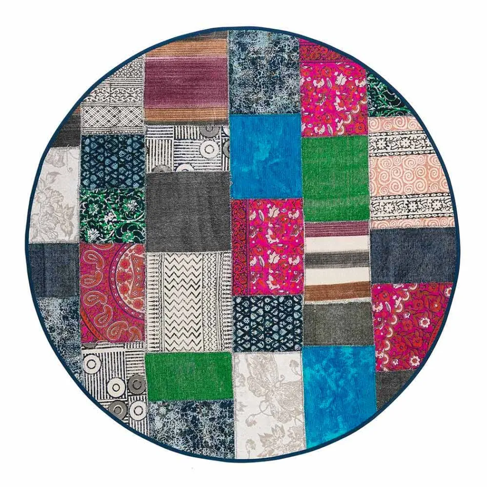 Round Ethnic Rug in Colored Cotton Fabric - Fibre Viadurini