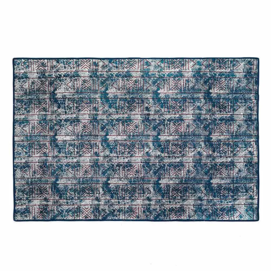 Rectangular Blue Kilim Cotton Rug with Colored Patchwork - Fibre Viadurini