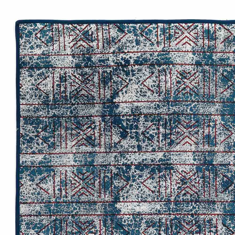 Rectangular Blue Kilim Cotton Rug with Colored Patchwork - Fibre Viadurini