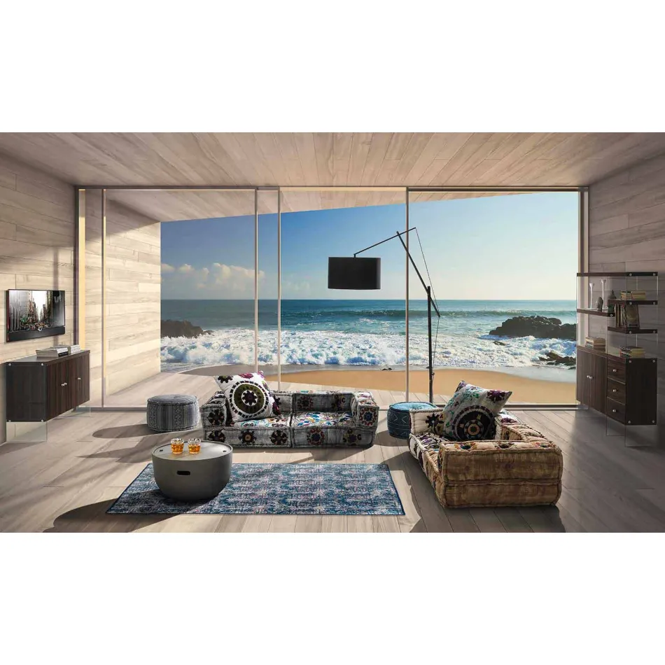 Rectangular Blue Kilim Cotton Rug with Colored Patchwork - Fibre Viadurini