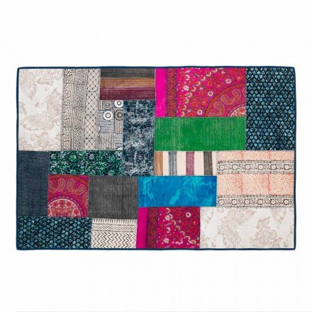 Rectangular Blue Kilim Cotton Rug with Colored Patchwork - Fibre Viadurini