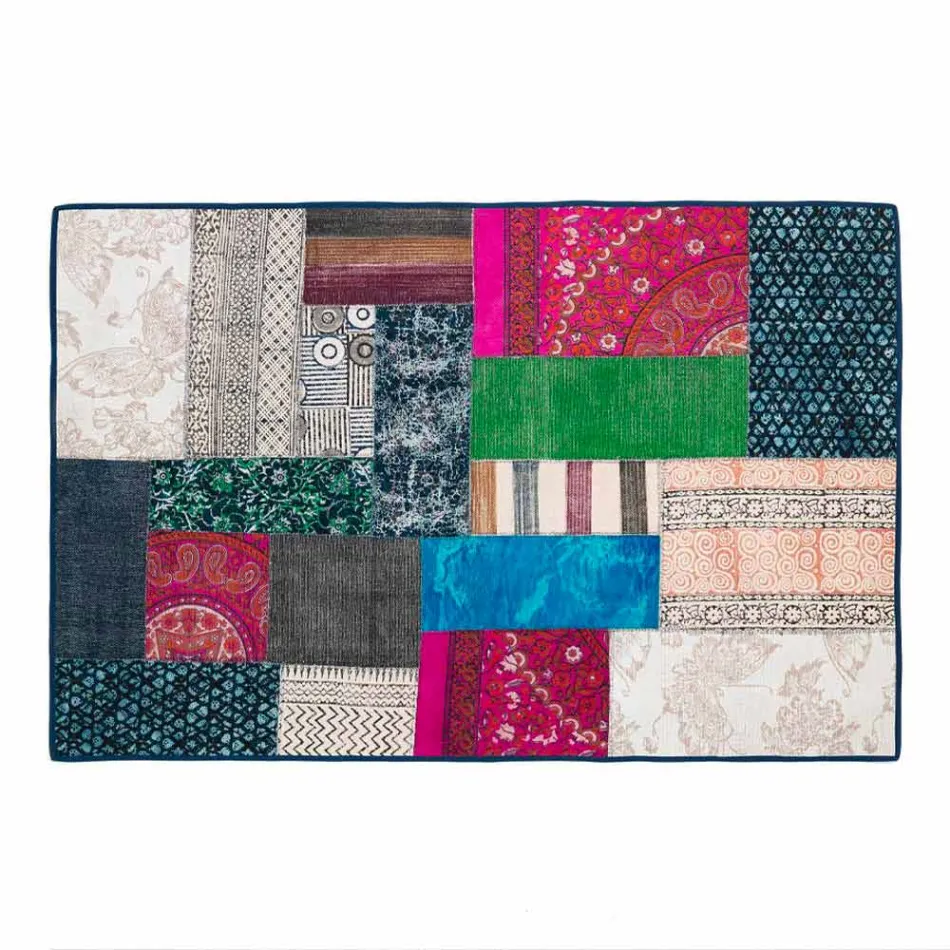Rectangular Blue Kilim Cotton Rug with Colored Patchwork - Fibre Viadurini