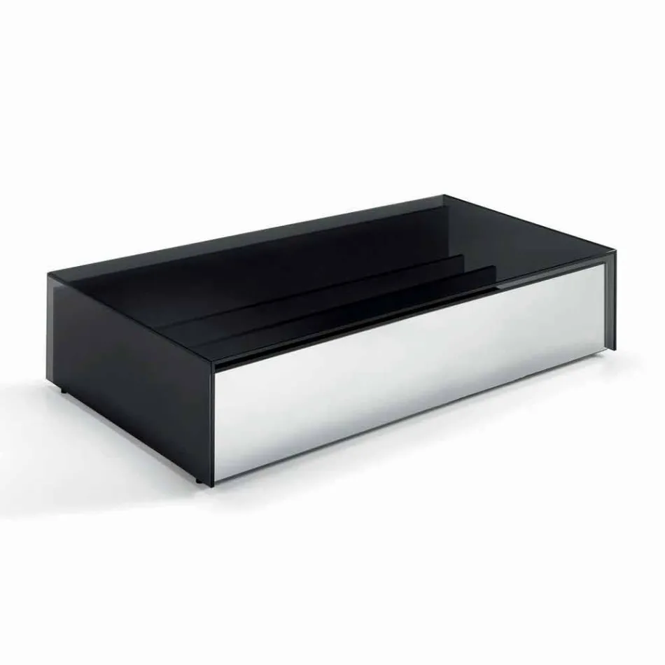 Low Table for Lounge in Smoked Glass and Wooden Drawers 3 Sizes - Mantra Viadurini