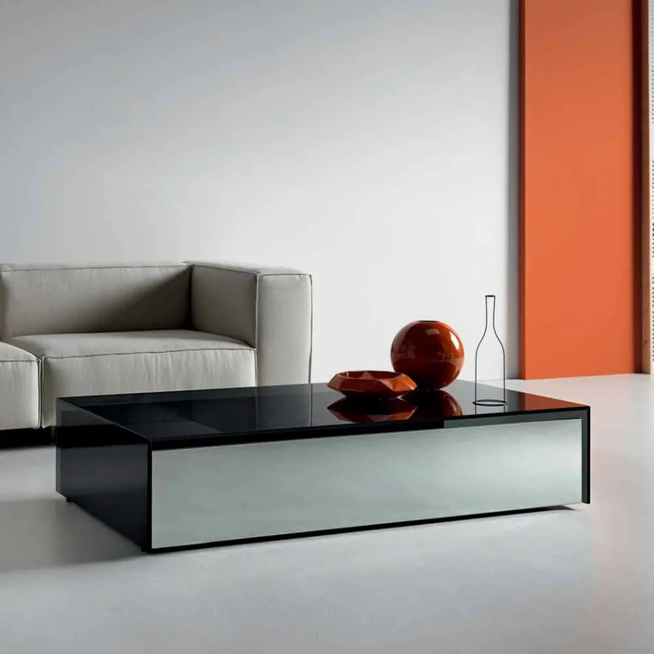Low Table for Lounge in Smoked Glass and Wooden Drawers 3 Sizes - Mantra Viadurini