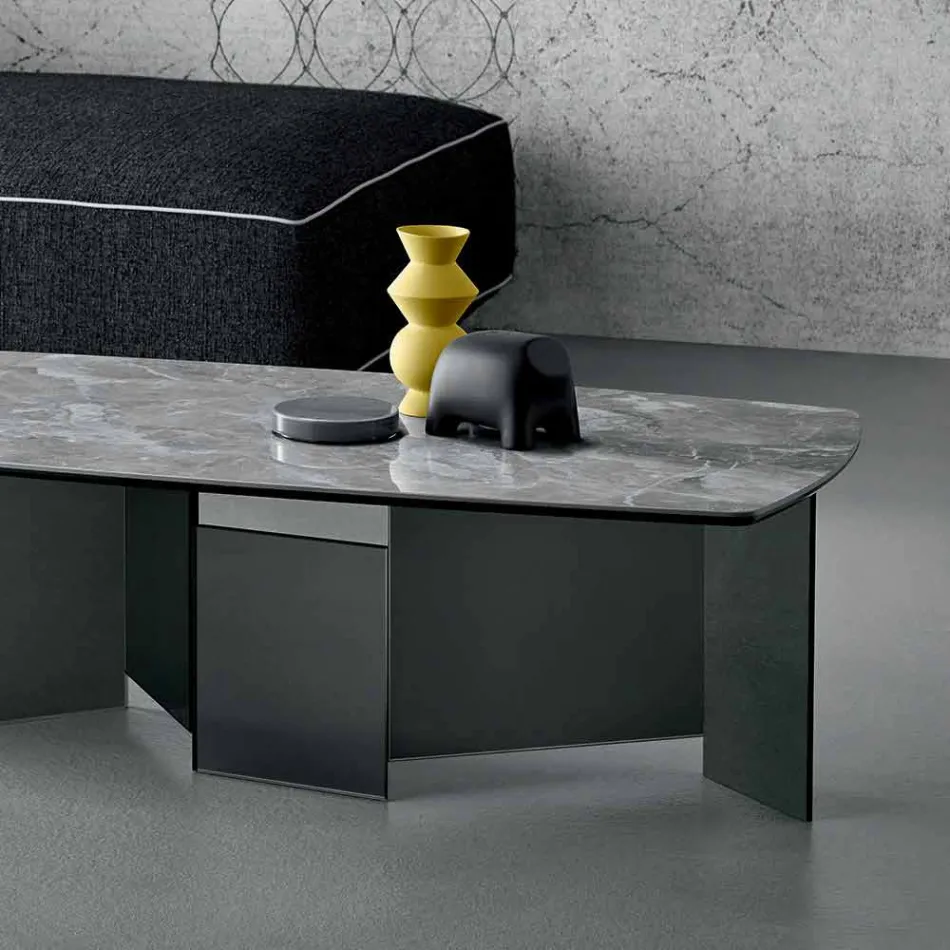 Low Coffee Table Lounge Ceramic Top and Smoked Glass Legs 3 Sizes - Random Viadurini