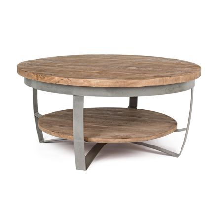 Low Round Lounge Coffee Table in Mango Wood and Steel - Moncheri Viadurini