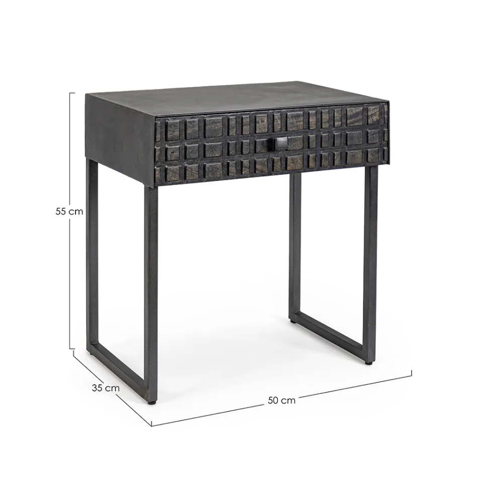 Bedside Table in Steel and Mango Wood of Ethnic Design - Mireo Viadurini